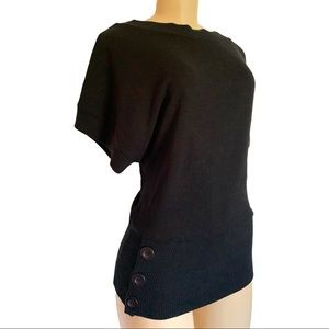Rhapsody Ribbed Fitted Classic Black Button Waist Batwing SL Sweater LG